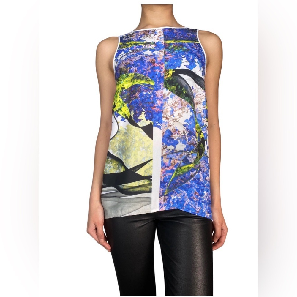 Clover Canyon Blue Abstract Print Tank Top with Green Accents